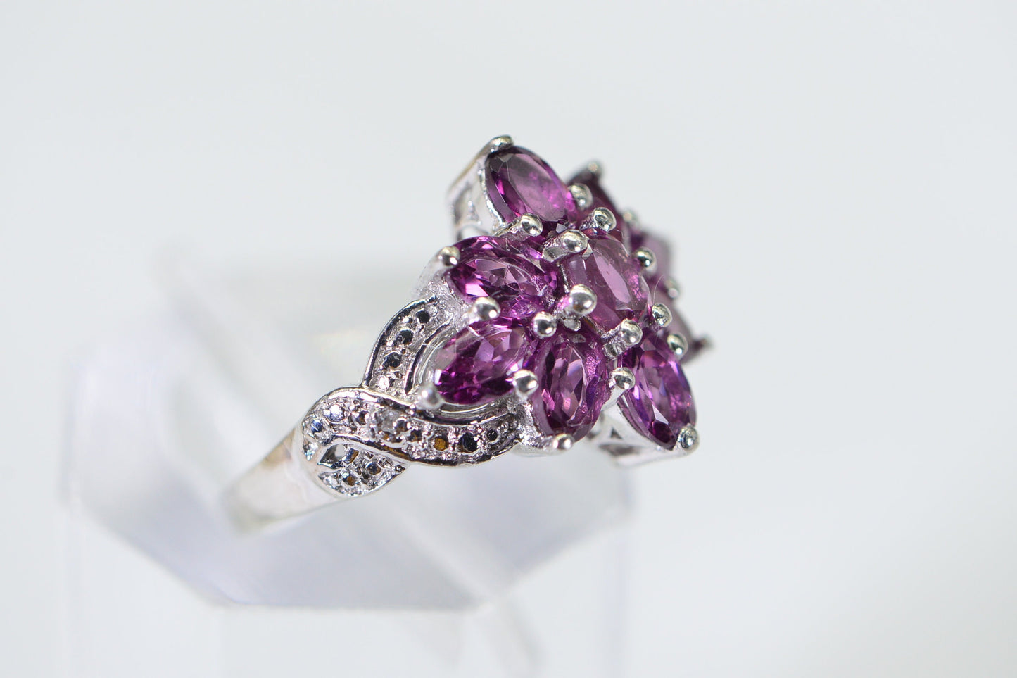 Rhodolite Garnet Flower Ring: 14K White Gold Over Sterling Silver