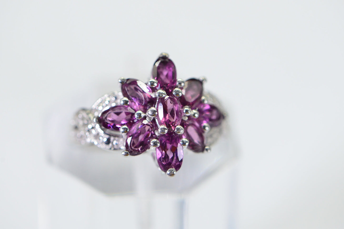 Rhodolite Garnet Flower Ring: 14K White Gold Over Sterling Silver