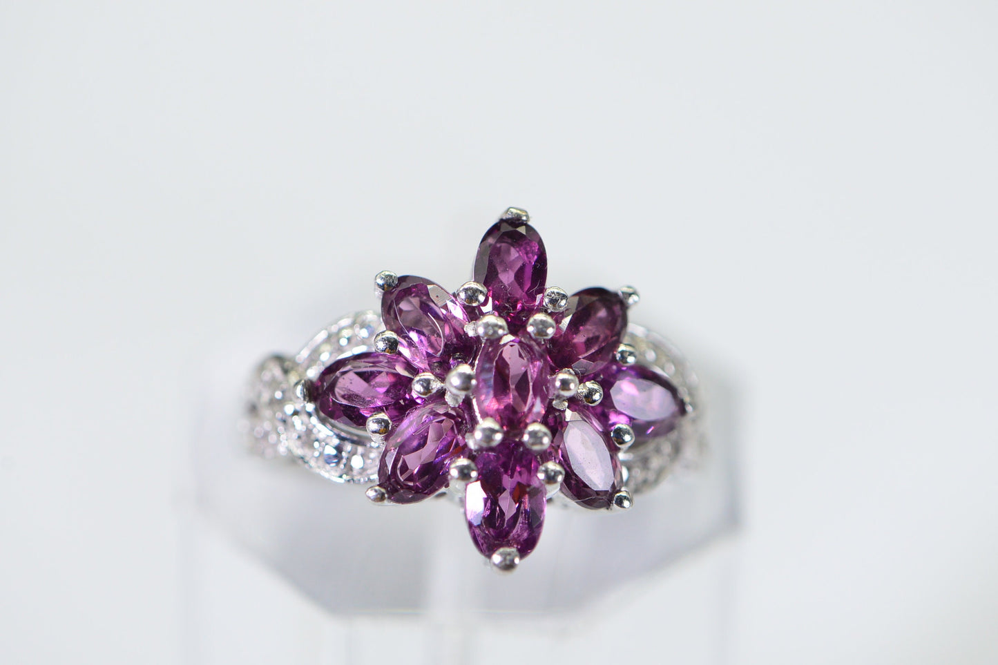 Rhodolite Garnet Flower Ring: 14K White Gold Over Sterling Silver