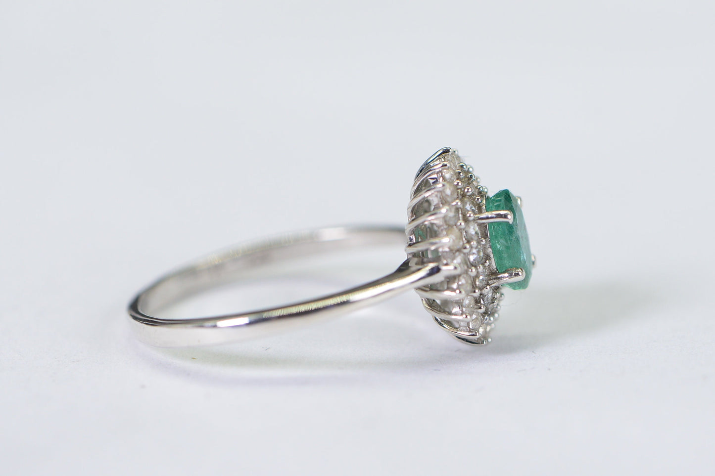 Colombian Emerald Ring, White Zircon Halo, Rhodium Sterling Silver