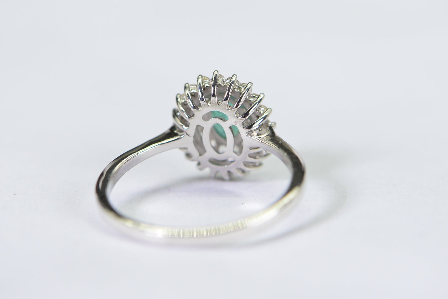 Colombian Emerald Ring, White Zircon Halo, Rhodium Sterling Silver