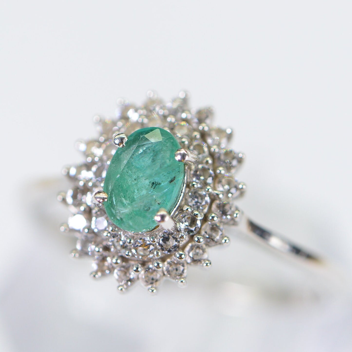 Colombian Emerald Ring, White Zircon Halo, Rhodium Sterling Silver