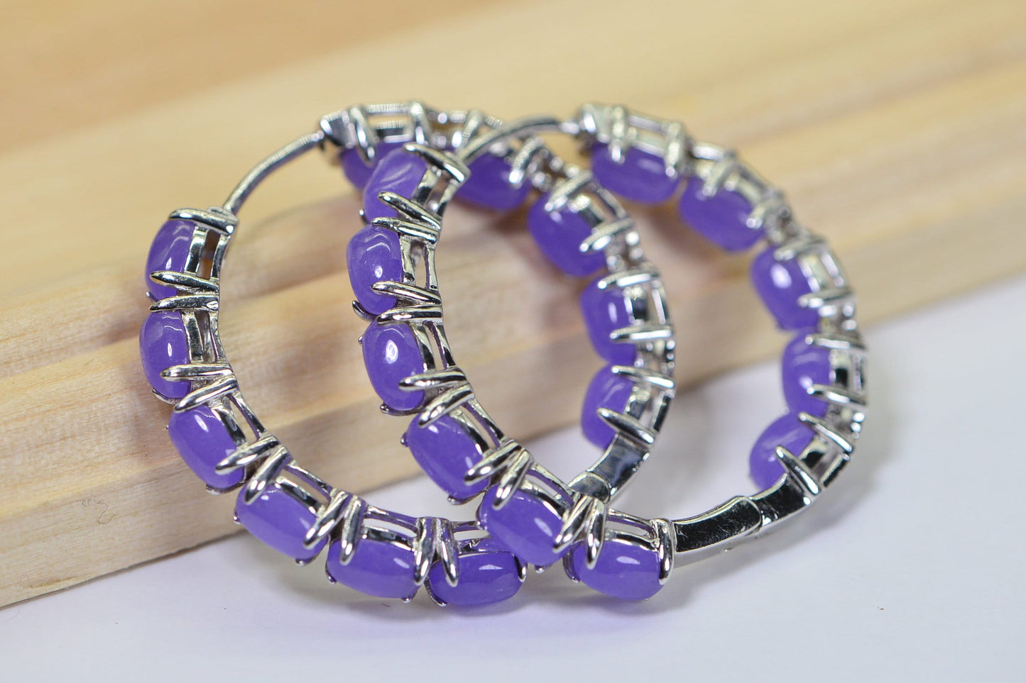 Purple Jade Hoop Earrings: Sterling Silver, Burmese Gemstone