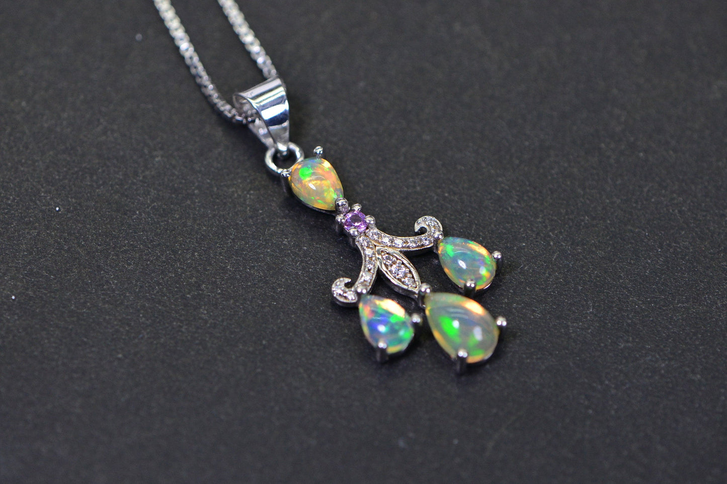 Ethiopian Welo Opal Sterling Silver Pendant Necklace, Garnet Diamond Accent