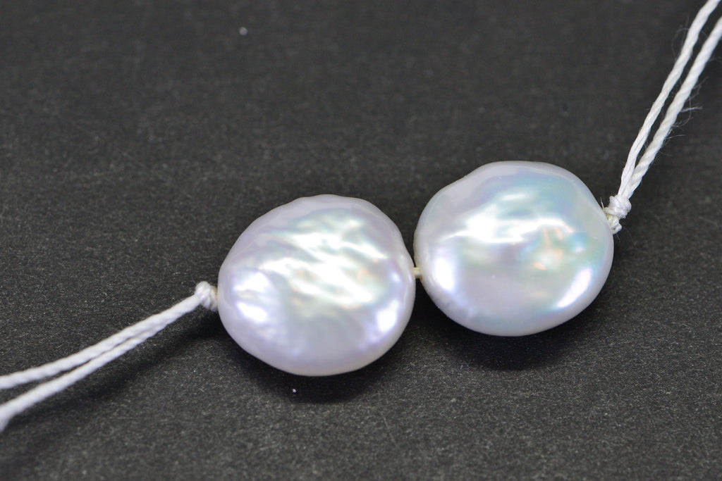 13mm White Coin Pearl Beads: Iridescent Freshwater Pearls, Loose (2 pc)