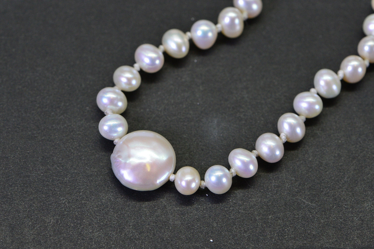 Freshwater Pearl Coin and Round Off Knotted Necklace Sterling Silver Lobster Claw