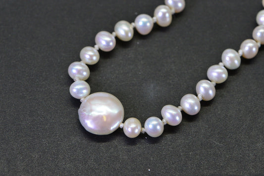 Freshwater Pearl Coin and Round Off Knotted Necklace Sterling Silver Lobster Claw