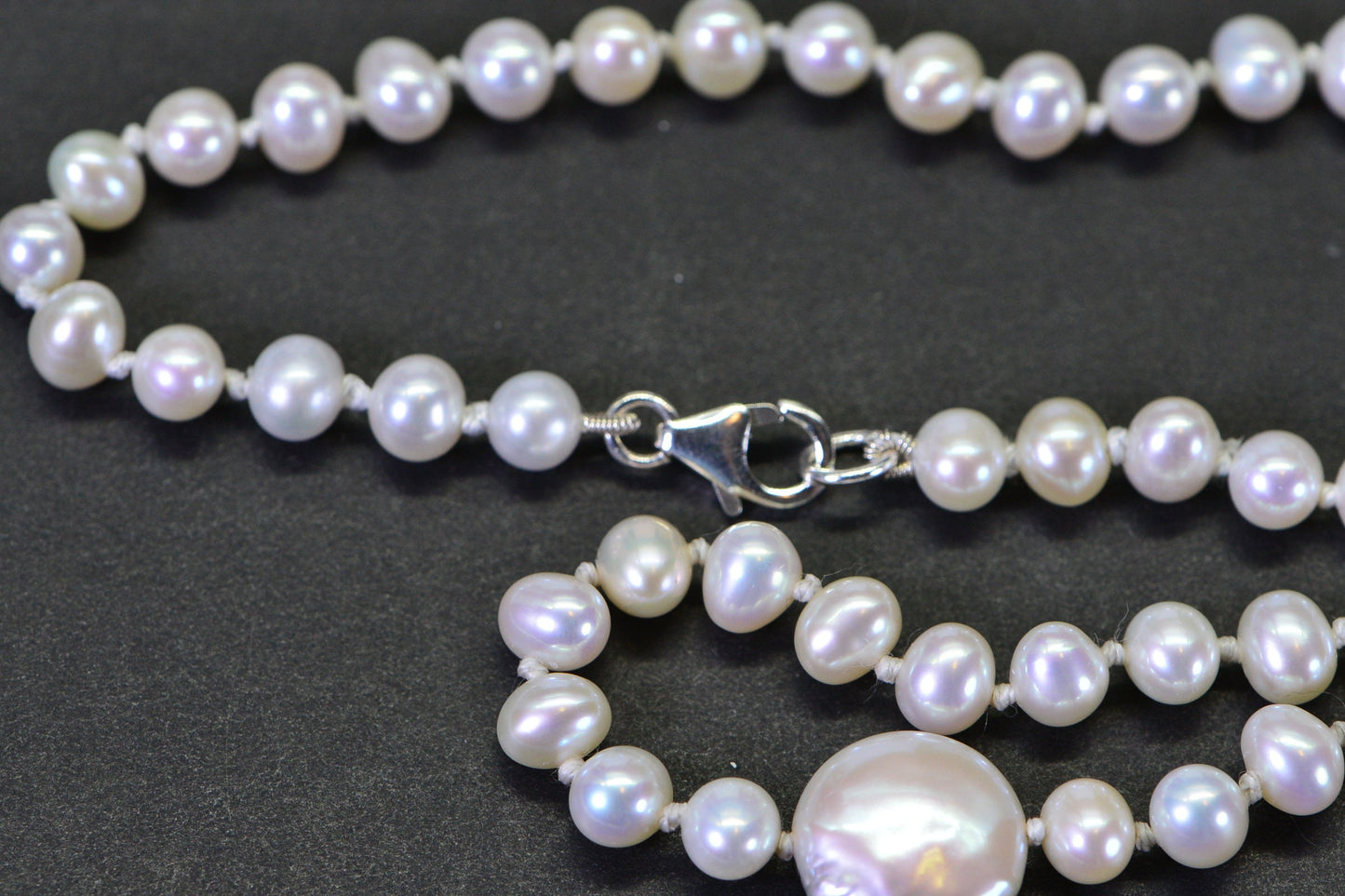 Freshwater Pearl Coin and Round Off Knotted Necklace Sterling Silver Lobster Claw