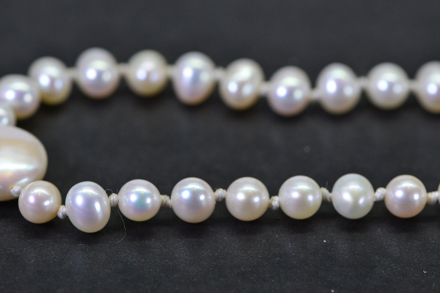 Freshwater Pearl Coin and Round Off Knotted Necklace Sterling Silver Lobster Claw