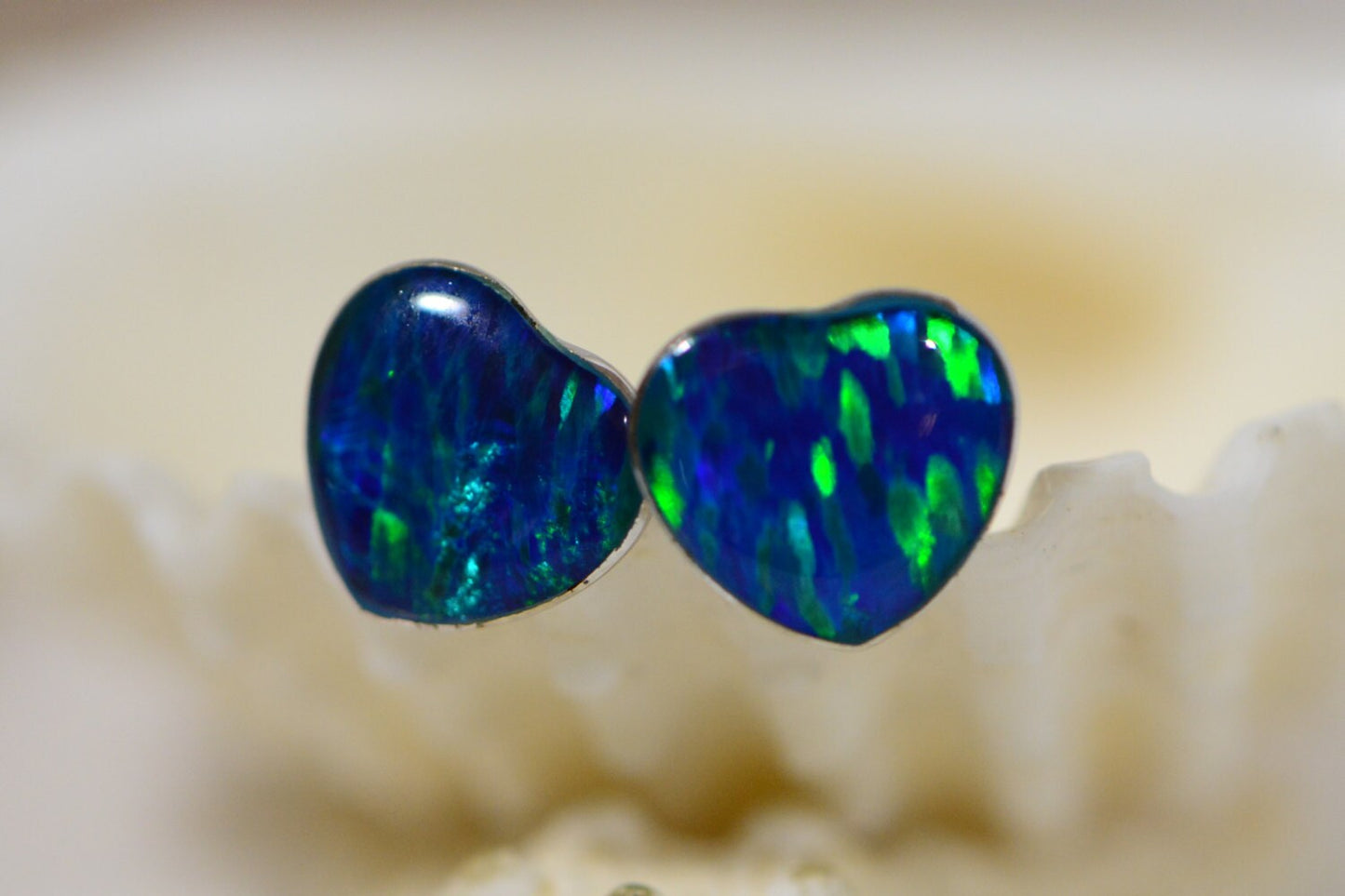 Blue Opal Heart Stud Earrings, Sterling Silver Bezel Set