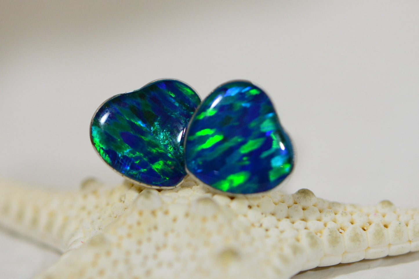 Blue Opal Heart Stud Earrings, Sterling Silver Bezel Set
