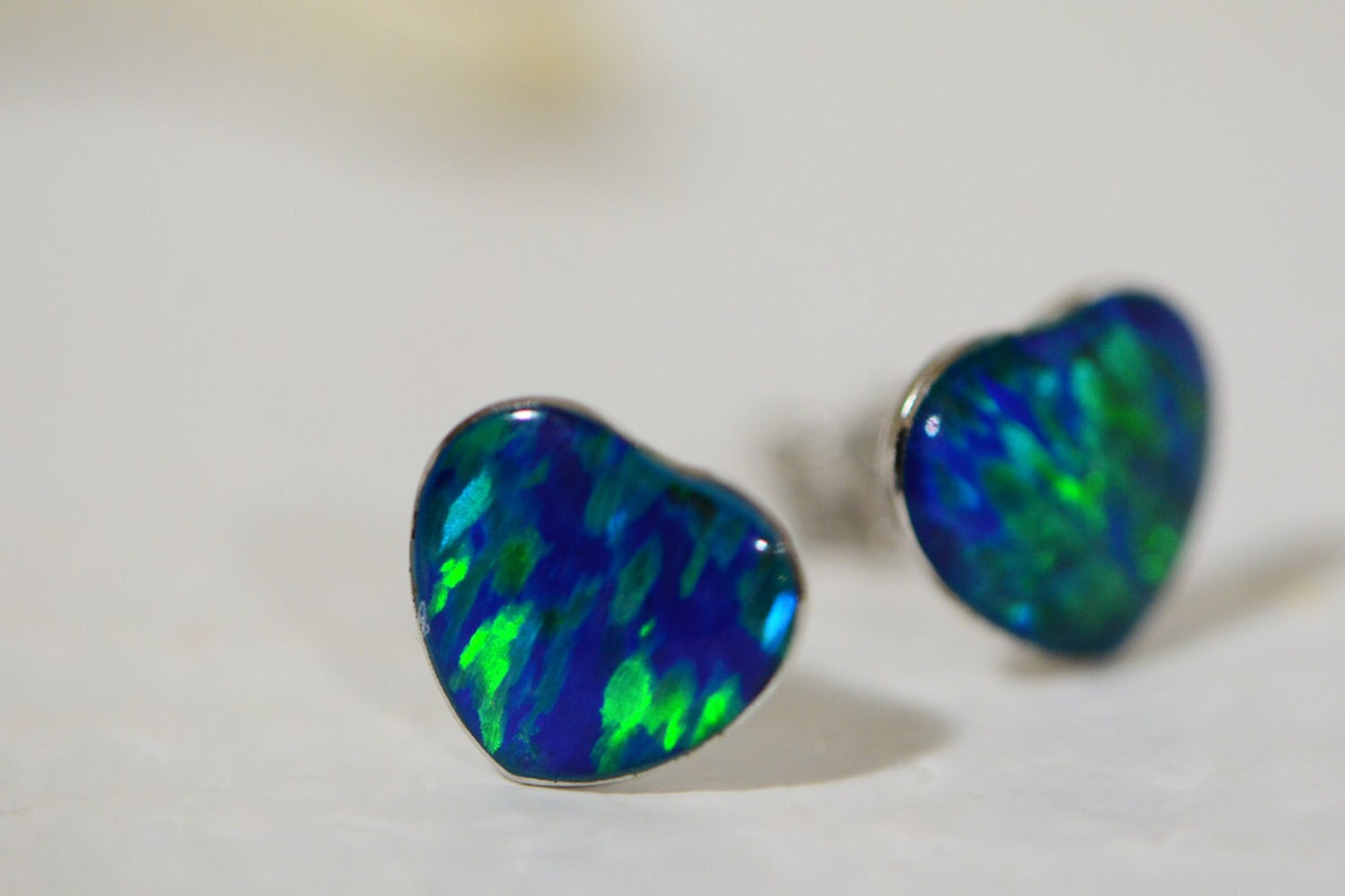 Blue Opal Heart Stud Earrings, Sterling Silver Bezel Set
