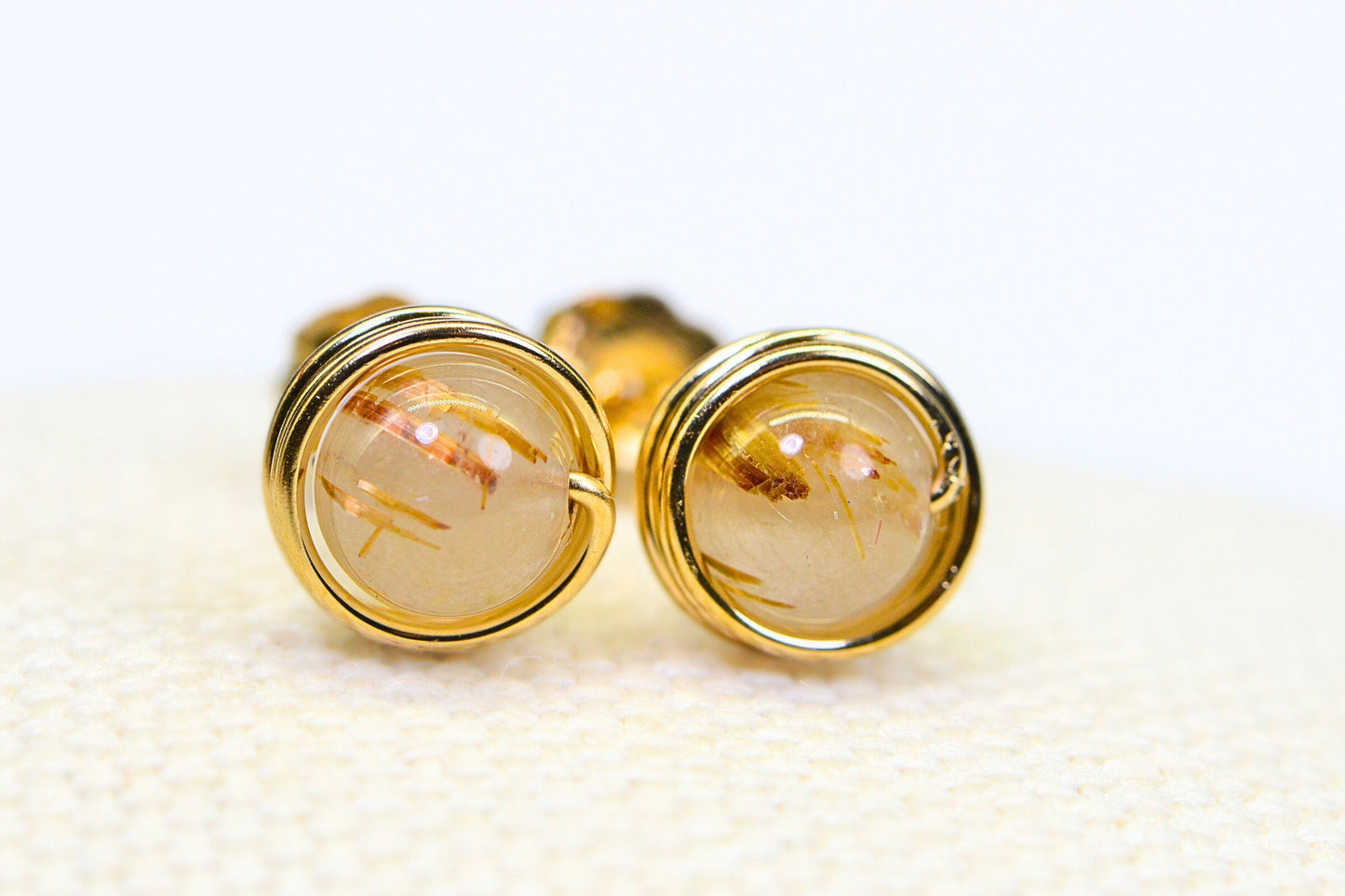 Rutilated Quartz Stud Earrings: 14K Gold Wire Wrapped Petite Posts