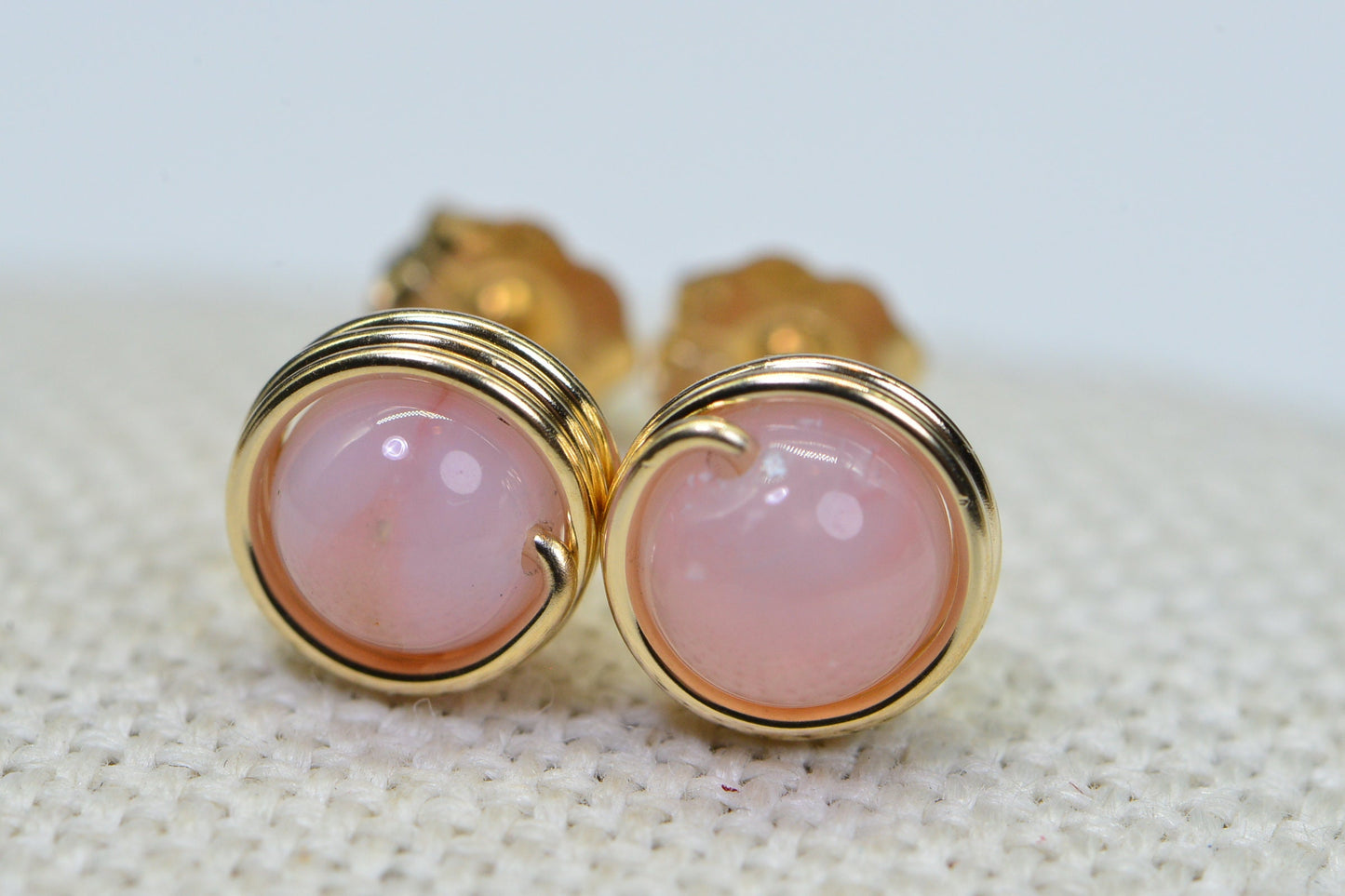 Peruvian Pink Opal Stud Earrings: 14K Gold Filled Wire Wrapped Gemstone
