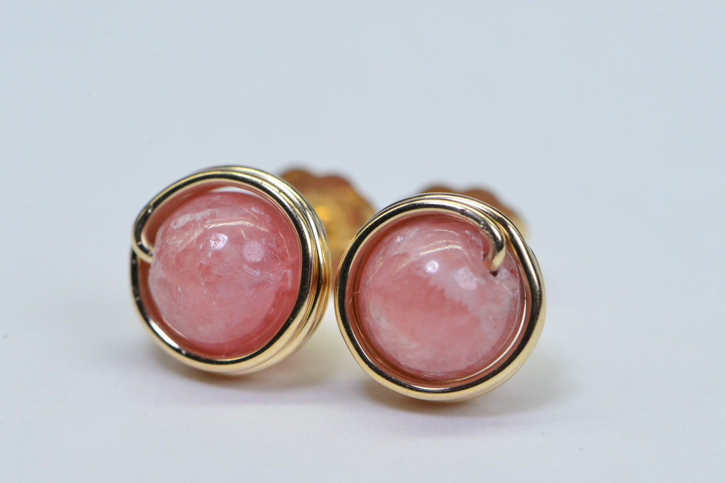 Rhodochrosite Stud Earrings: 14K Gold Filled Wire Wrapped, Pink Gemstone