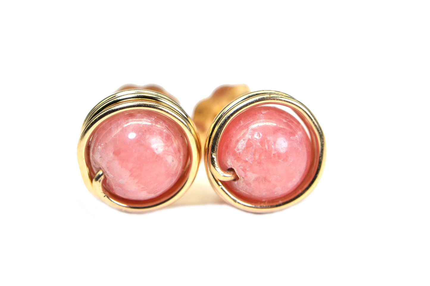 Rhodochrosite Stud Earrings: 14K Gold Fill Wire Wrapped Healing Crystals