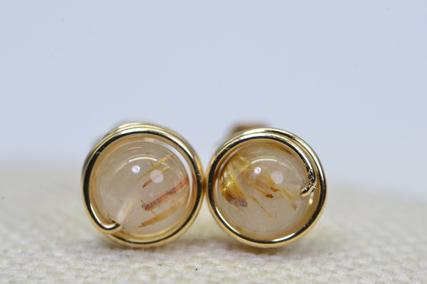 Gold Rutilated Quartz Stud Earrings: 14K Gold Fill Wire Wrapped