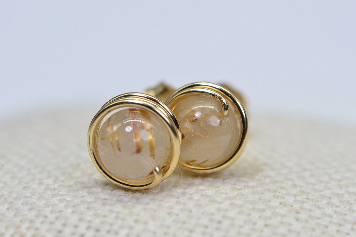 Gold Rutilated Quartz Stud Earrings: 14K Gold Fill Wire Wrapped