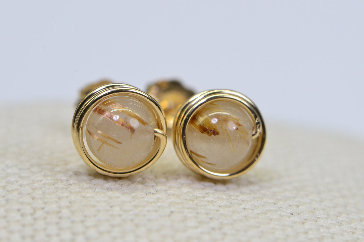Gold Rutilated Quartz Stud Earrings: 14K Gold Fill Wire Wrapped