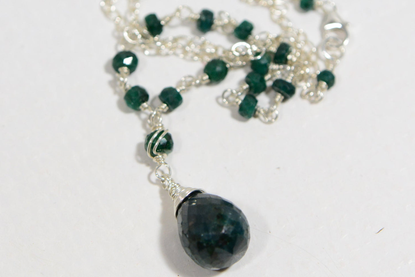 Emerald Drop Necklace - Sterling Silver Wire Wrapped Gemstone, May Birthstone