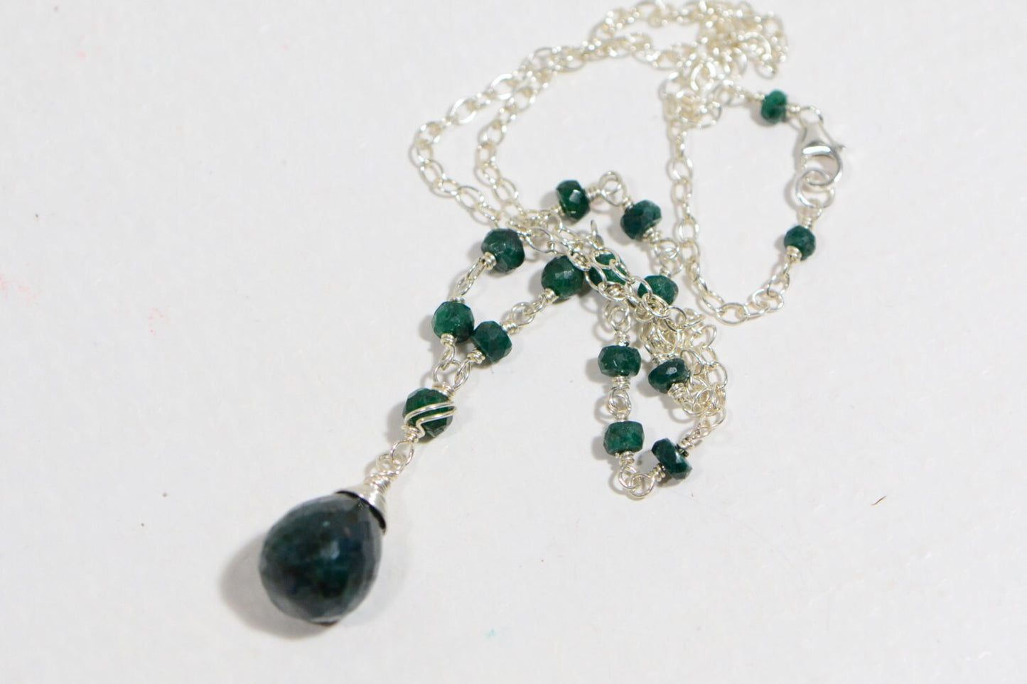 Emerald Drop Necklace - Sterling Silver Wire Wrapped Gemstone, May Birthstone