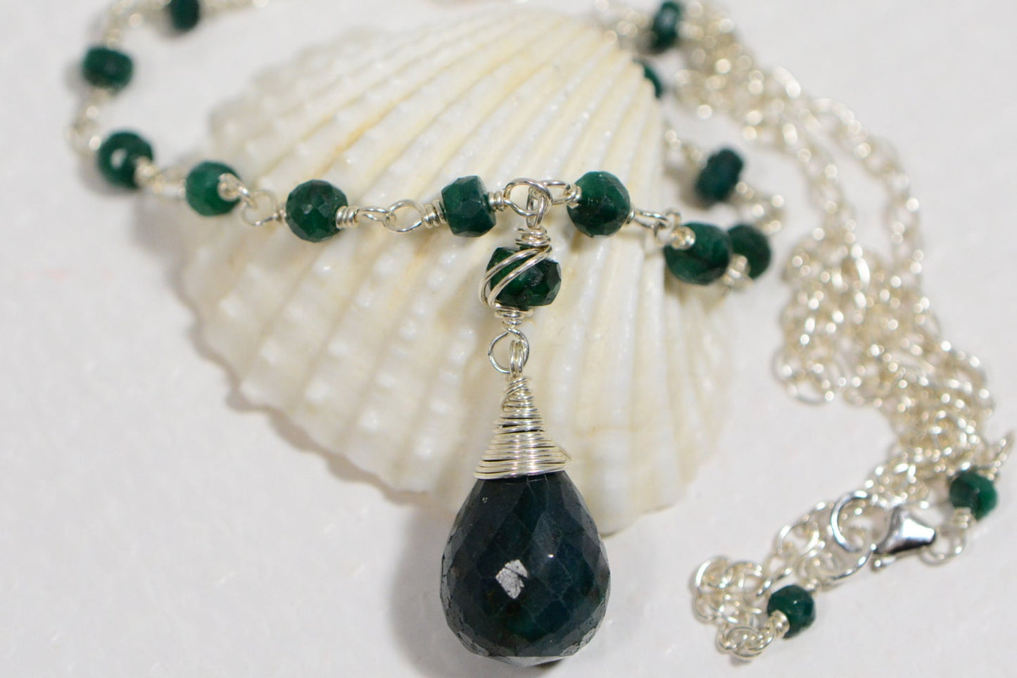 Emerald Drop Necklace - Sterling Silver Wire Wrapped Gemstone, May Birthstone