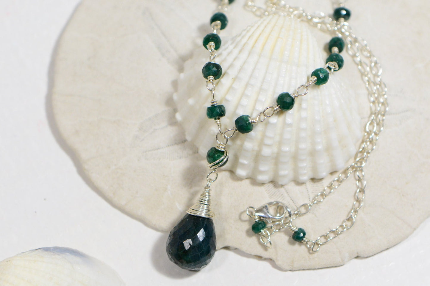 Emerald Drop Necklace - Sterling Silver Wire Wrapped Gemstone, May Birthstone