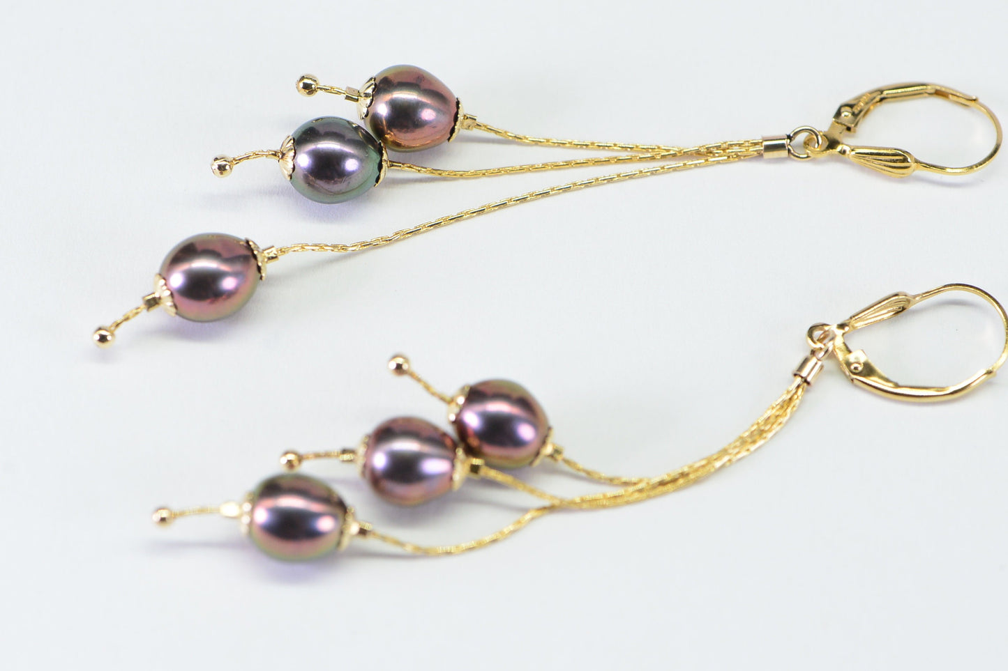Tahitian Black Pearl Dangle Earrings: 14K Gold Filled Chain, Wedding Jewelry