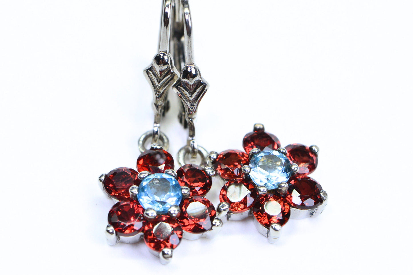 Garnet Flower Dangle Earrings: Rhodium Over Sterling Silver, January Birthstone