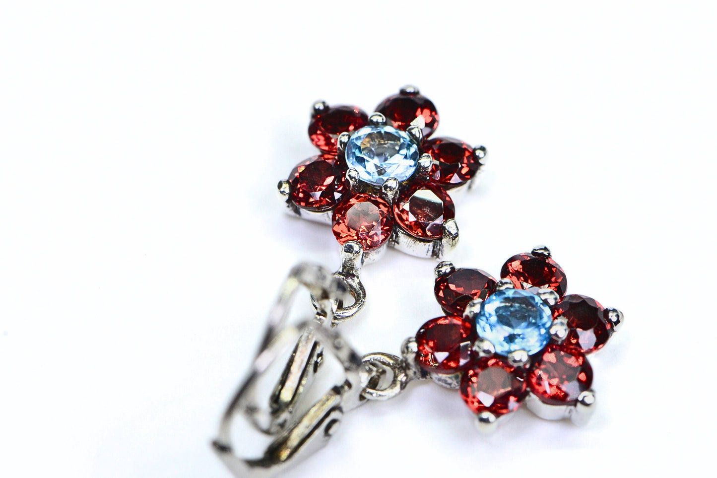 Garnet Flower Dangle Earrings: Rhodium Over Sterling Silver, January Birthstone