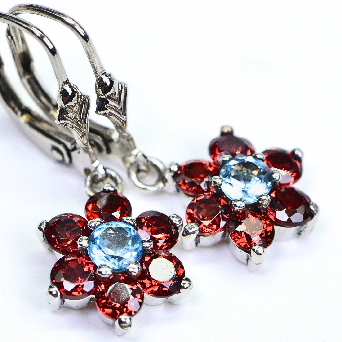 Garnet Flower Dangle Earrings: Rhodium Over Sterling Silver, January Birthstone