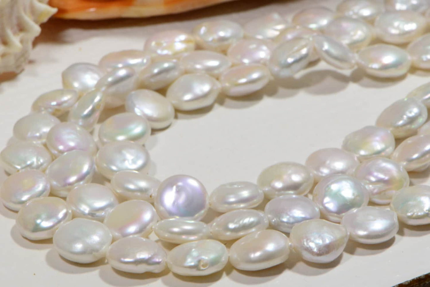 13mm White Coin Pearl Strand: Iridescent Freshwater Beads