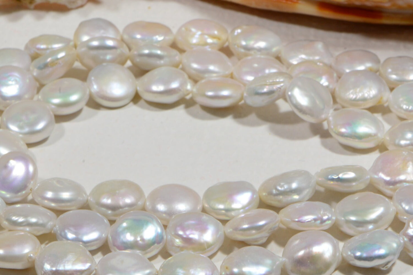 13mm White Coin Pearl Strand: Iridescent Freshwater Beads
