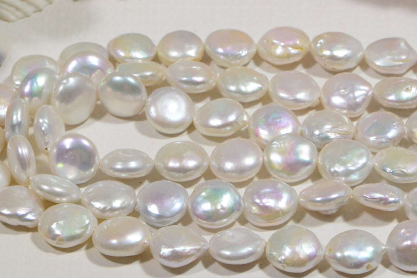 13mm White Coin Pearl Strand: Iridescent Freshwater Beads