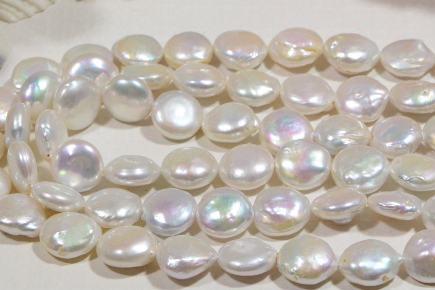 13mm White Coin Pearl Beads: Iridescent Freshwater Pearls, Loose (2 pc)