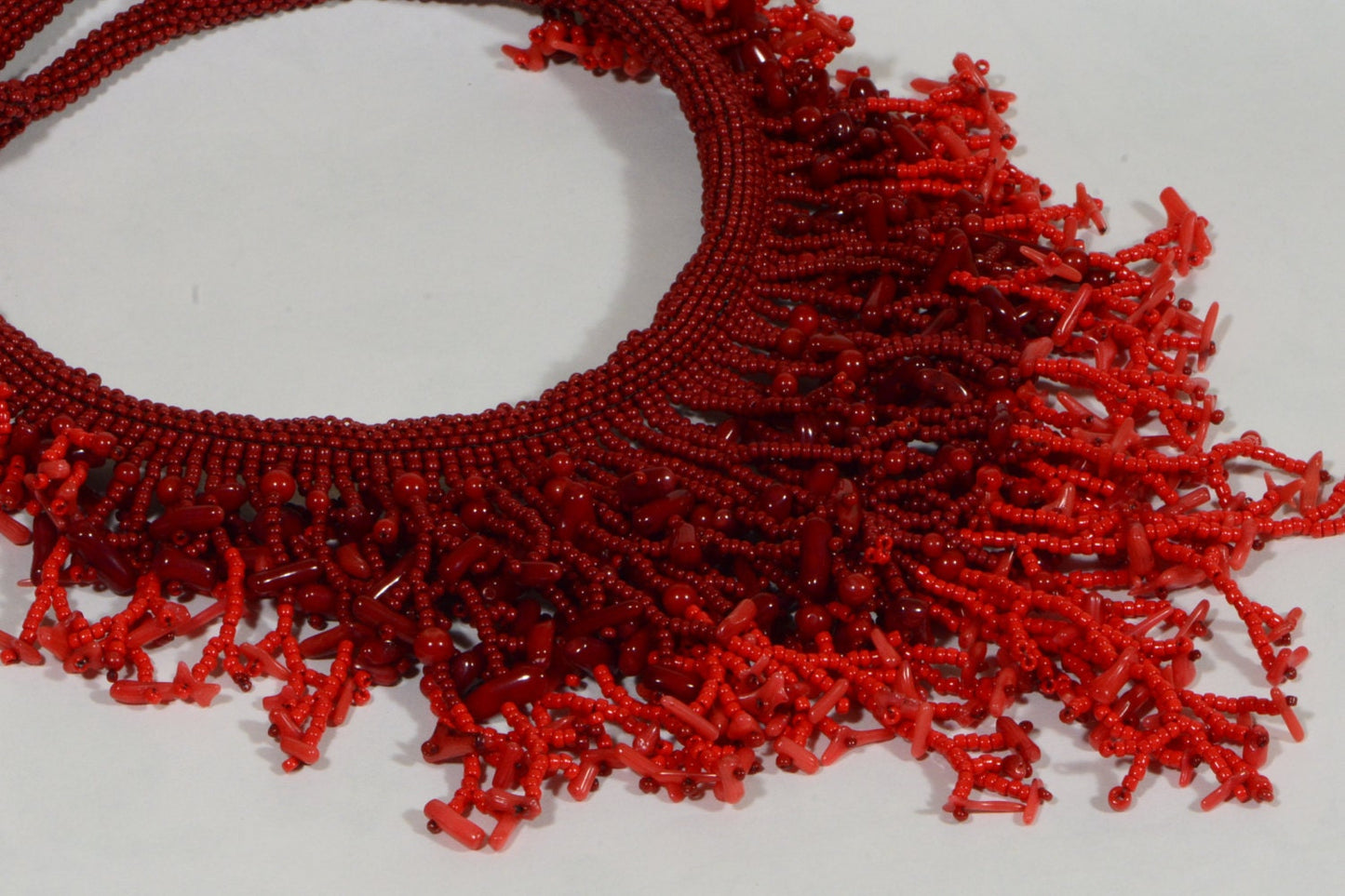 Red Coral Statement Necklace, Beaded Fringe Bib, Boho Choker