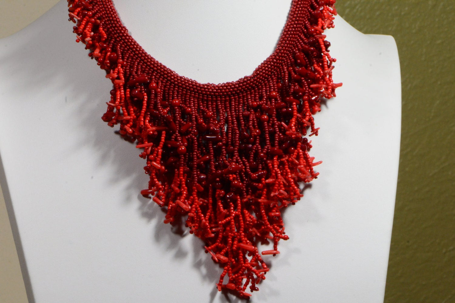 Red Coral Statement Necklace, Beaded Fringe Bib, Boho Choker