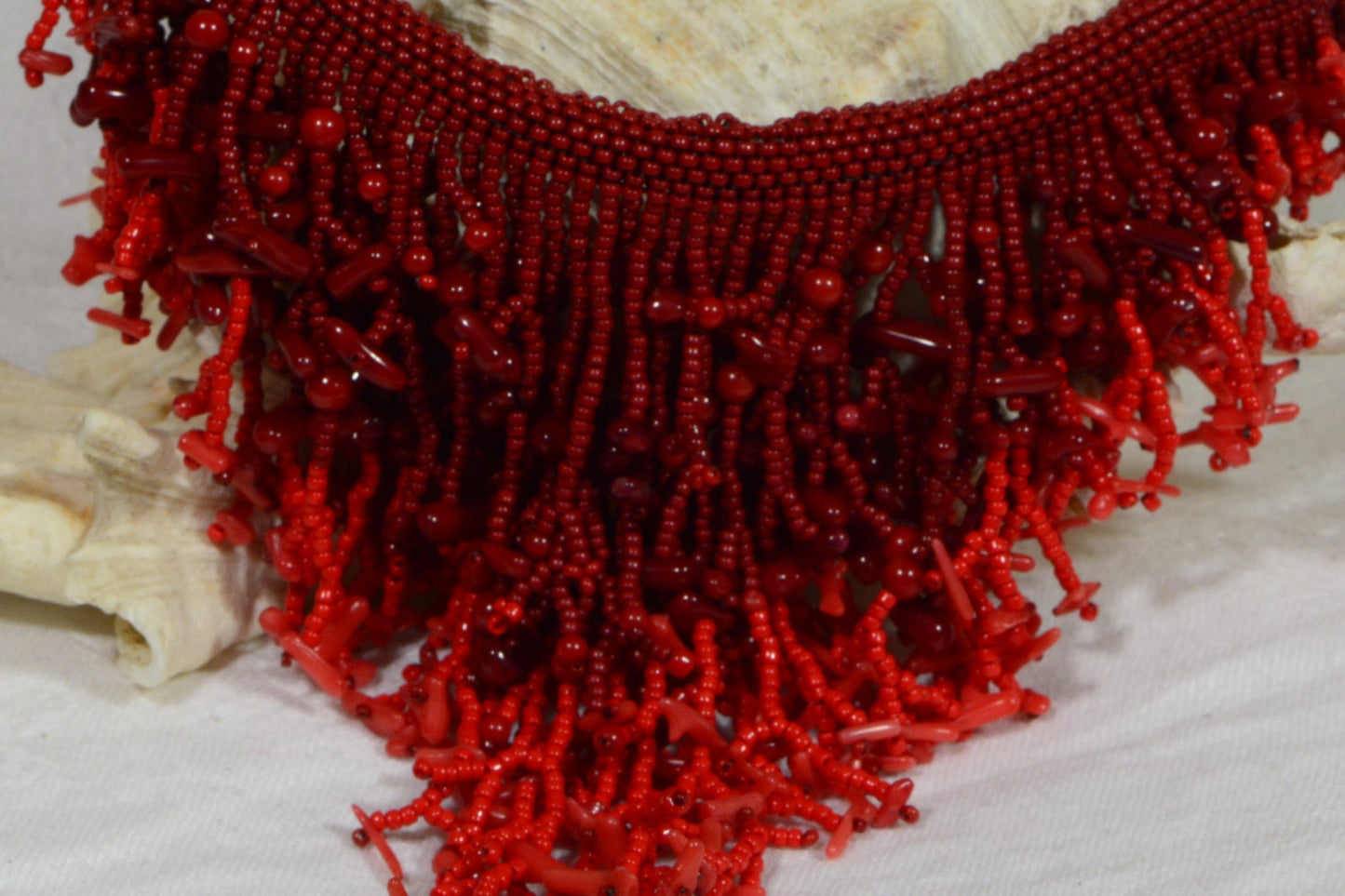 Red Coral Statement Necklace, Beaded Fringe Bib, Boho Choker