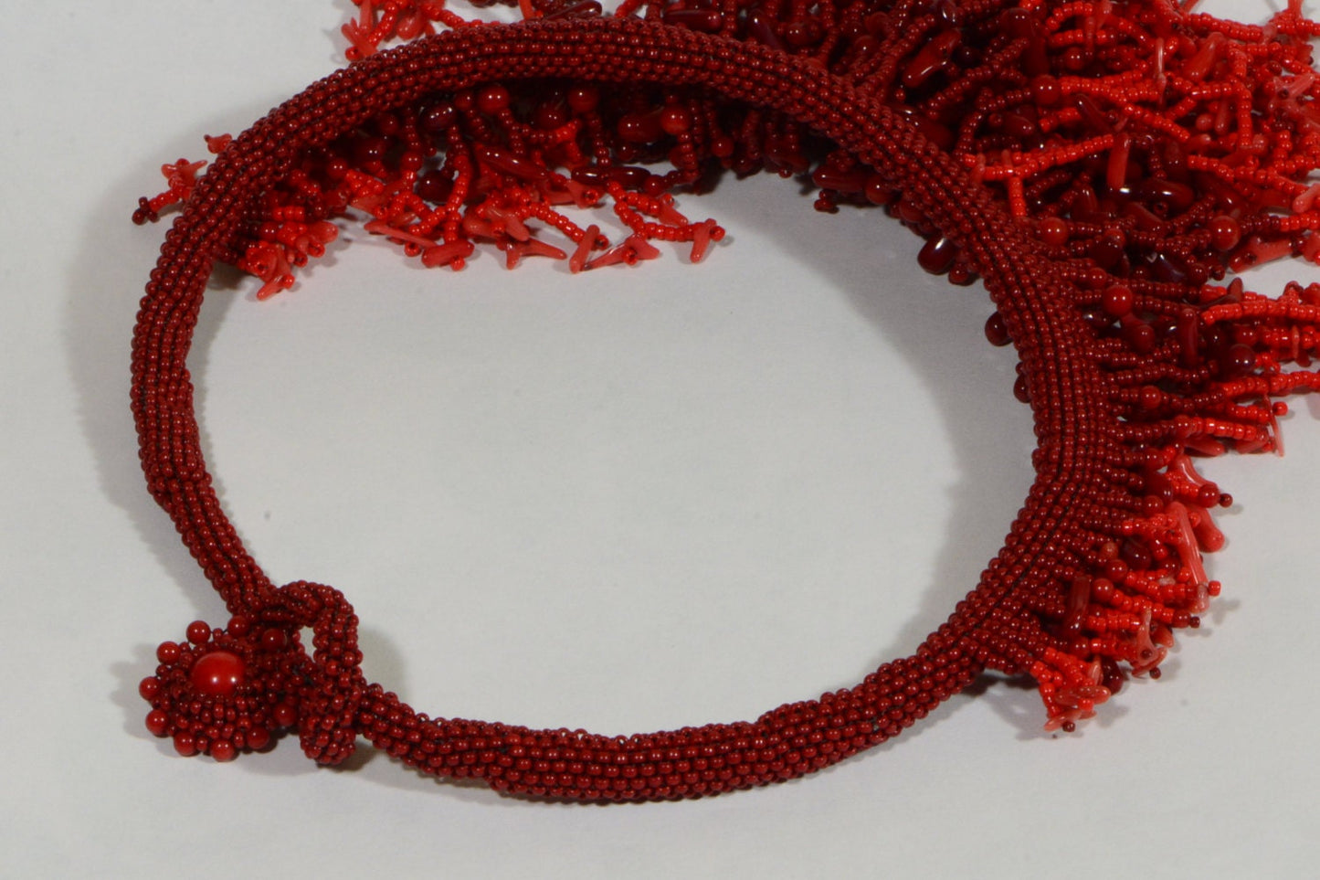Red Coral Statement Necklace, Beaded Fringe Bib, Boho Choker