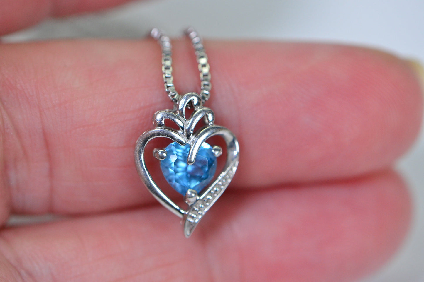 Blue Topaz Heart Pendant: Filigree Sterling Silver, 14K White Gold Finish