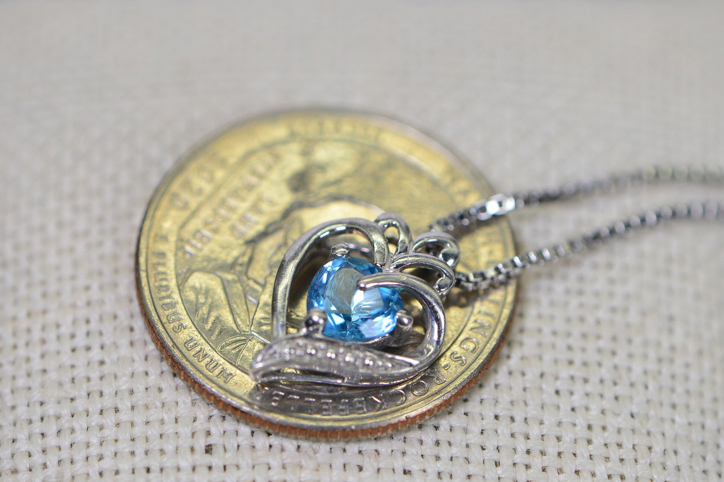 Blue Topaz Heart Pendant: Filigree Sterling Silver, 14K White Gold Finish