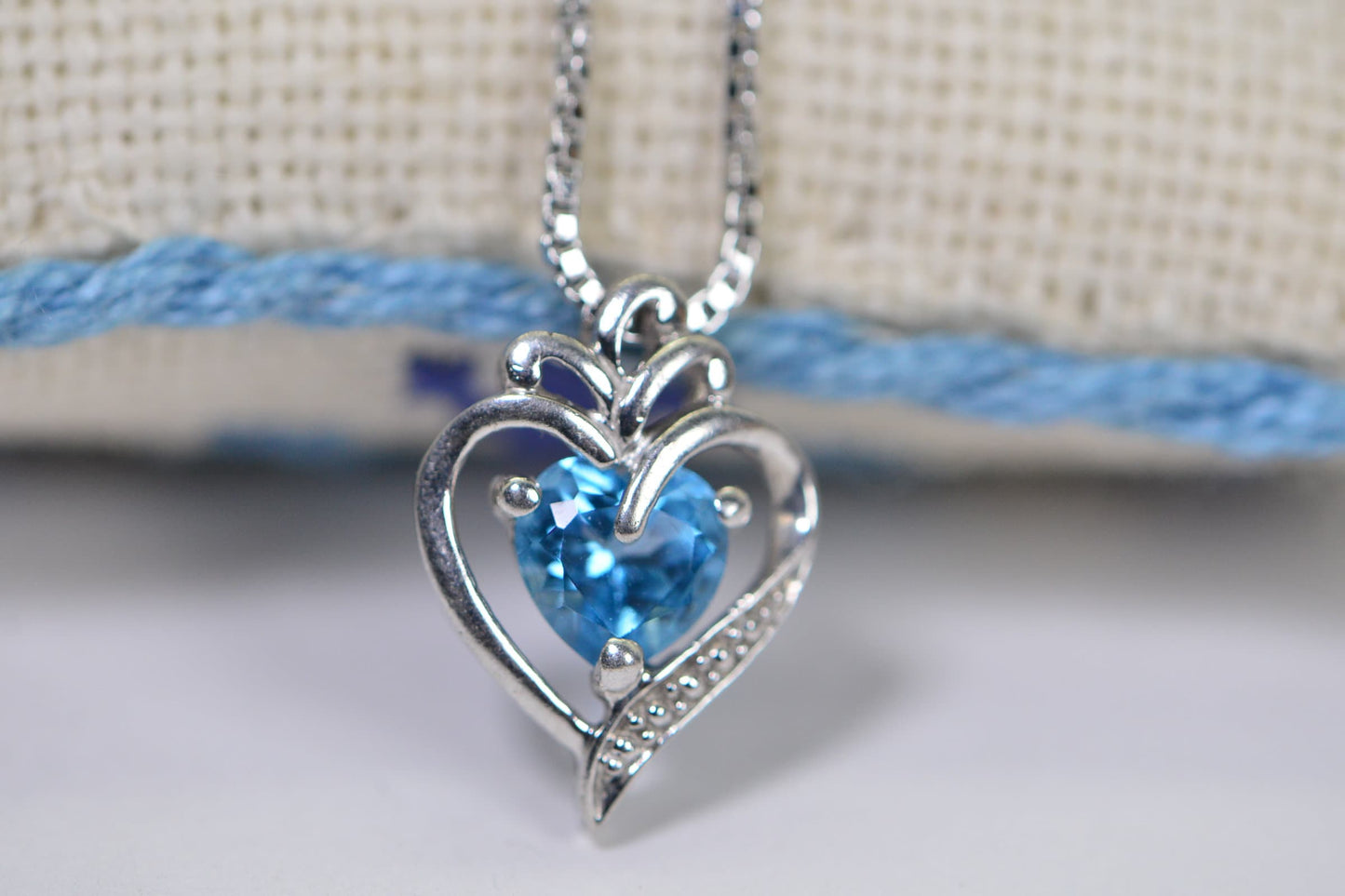 Blue Topaz Heart Pendant: Filigree Sterling Silver, 14K White Gold Finish