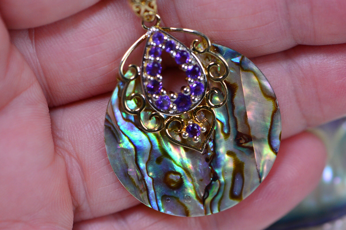 Abalone Shell Pendant: 14K Gold, Amethyst Gemstone Circle