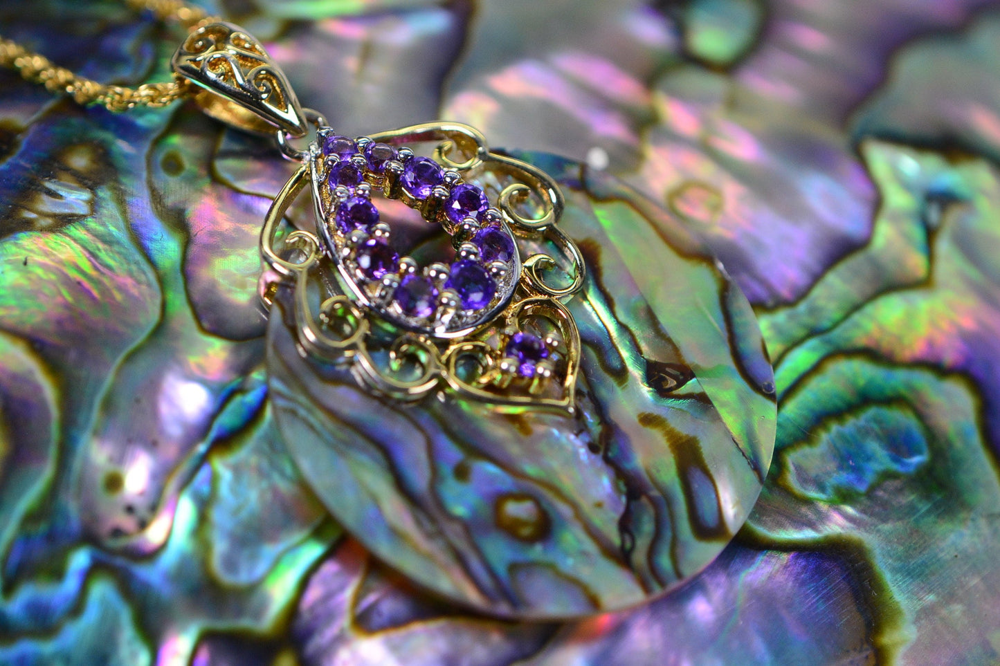 Abalone Shell Pendant: 14K Gold, Amethyst Gemstone Circle