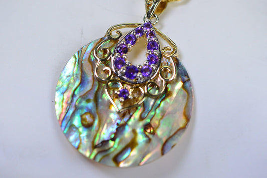 Abalone Shell Pendant: 14K Gold, Amethyst Gemstone Circle