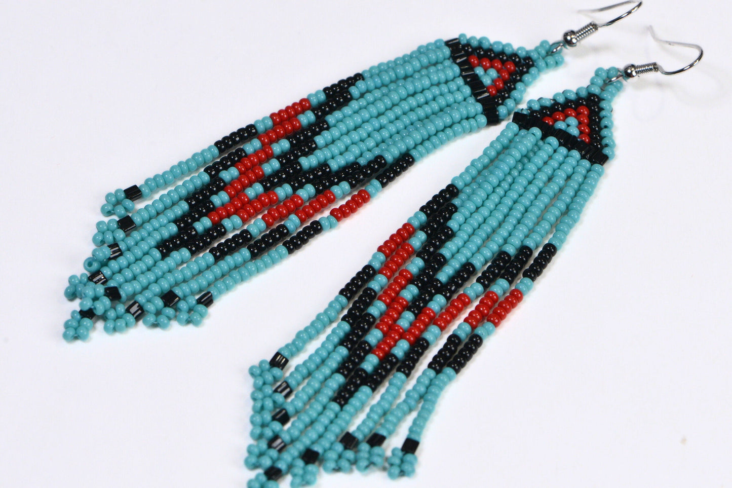 Turquoise Beaded Fringe Earrings, Native American Style, Czech Seed Bead
