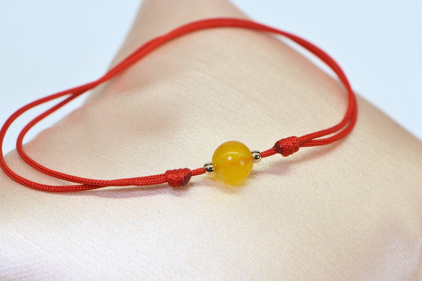 Yellow Burma Jade Bracelet: 14K Gold Beads, Red String of Fate