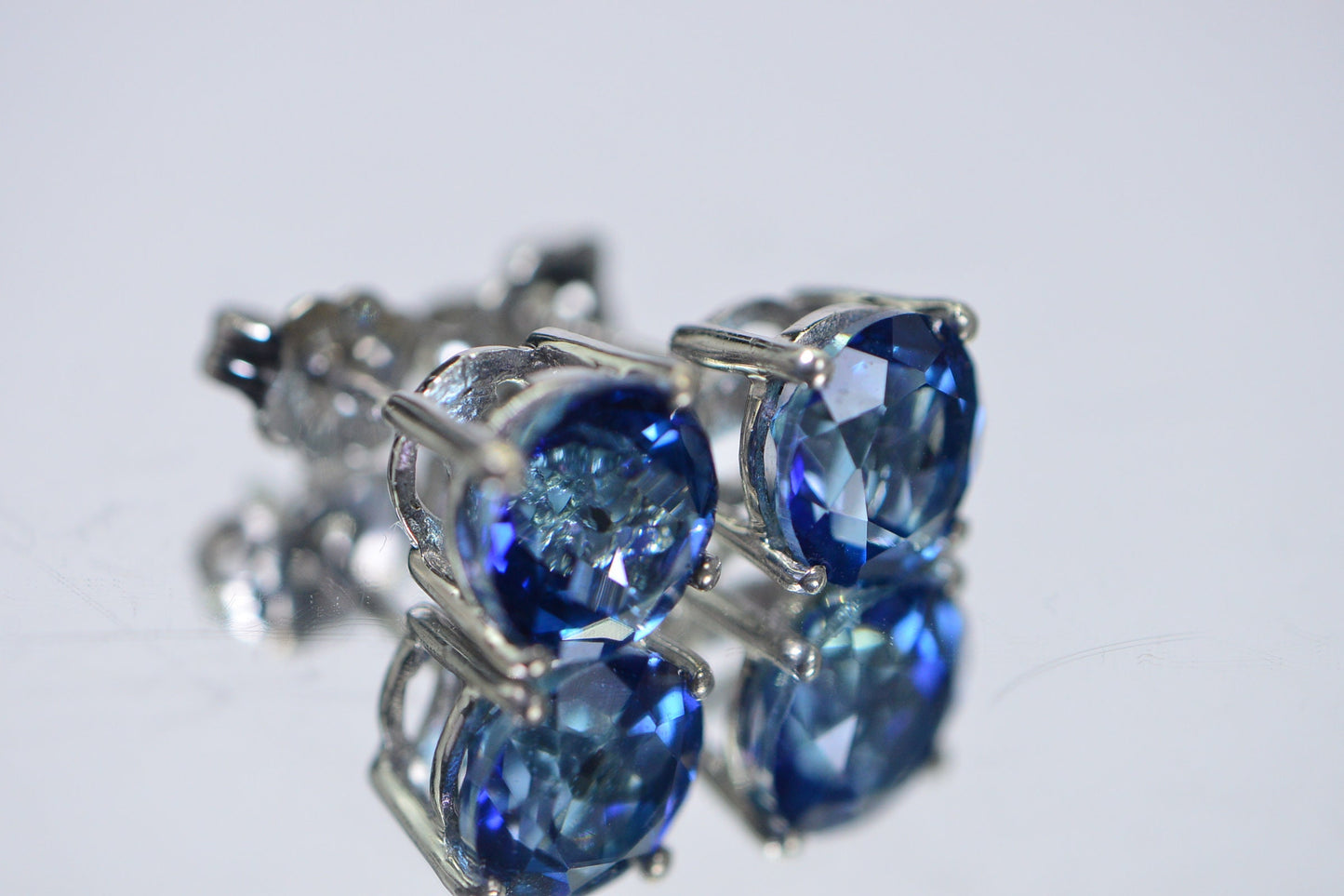 8mm Lab Sapphire Stud Earrings: Sterling Silver September Birthstone