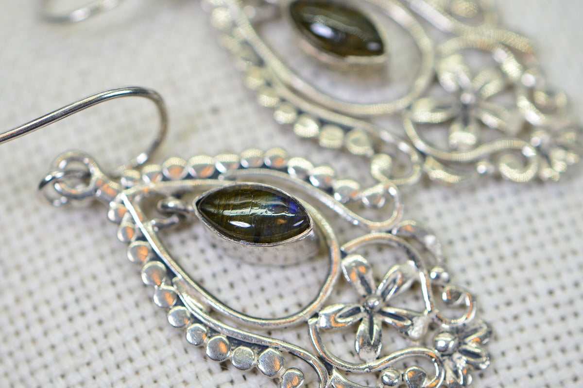 Filigree Labradorite Earrings: Sterling Silver Floral Dangle