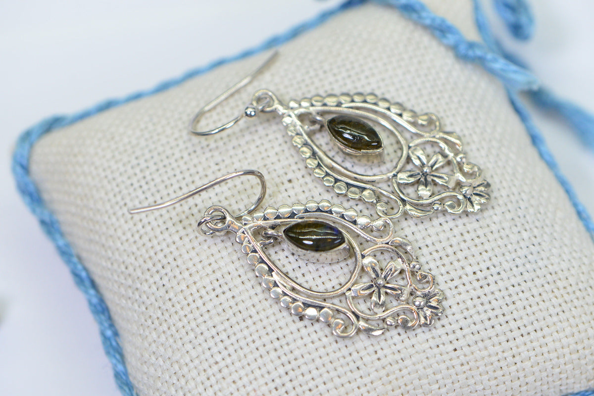 Filigree Labradorite Earrings: Sterling Silver Floral Dangle